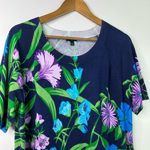 Talbots Plus 1X Floral Short Sleeve Knit Top Floral Blue Purple Green Cotton - Picture 2 of 9